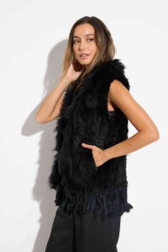 CHALECO DEL PELO DE CONEJO TRENZADO CON DETALLES DE PELO DE MARMOTA PC-LLL5861-15 NEGRO