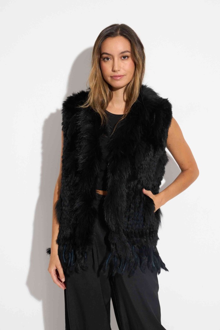 CHALECO DEL PELO DE CONEJO TRENZADO CON DETALLES DE PELO DE MARMOTA PC-LLL5861-15 NEGRO