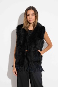 CHALECO DEL PELO DE CONEJO TRENZADO CON DETALLES DE PELO DE MARMOTA PC-LLL5861-15 NEGRO