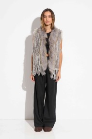 CHALECO DEL PELO DE CONEJO TRENZADO CON DETALLES DE PELO DE MARMOTA PC-LLL5861-16 GRIS NATURAL
