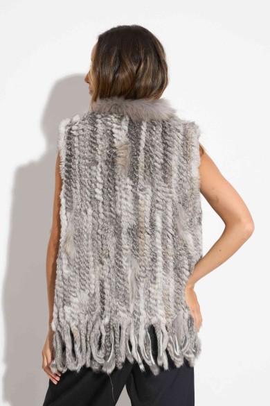CHALECO DEL PELO DE CONEJO TRENZADO CON DETALLES DE PELO DE MARMOTA PC-LLL5861-16 GRIS NATURAL