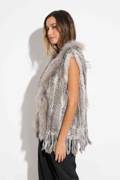 CHALECO DEL PELO DE CONEJO TRENZADO CON DETALLES DE PELO DE MARMOTA PC-LLL5861-16 GRIS NATURAL
