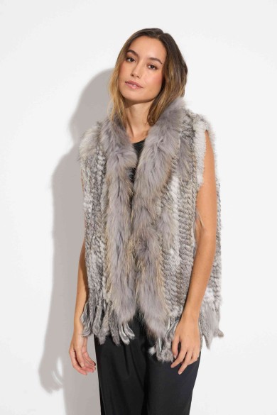 CHALECO DEL PELO DE CONEJO TRENZADO CON DETALLES DE PELO DE MARMOTA PC-LLL5861-16 GRIS NATURAL