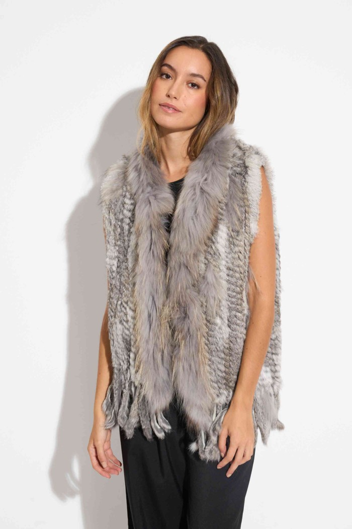 CHALECO DEL PELO DE CONEJO TRENZADO CON DETALLES DE PELO DE MARMOTA PC-LLL5861-16 GRIS NATURAL