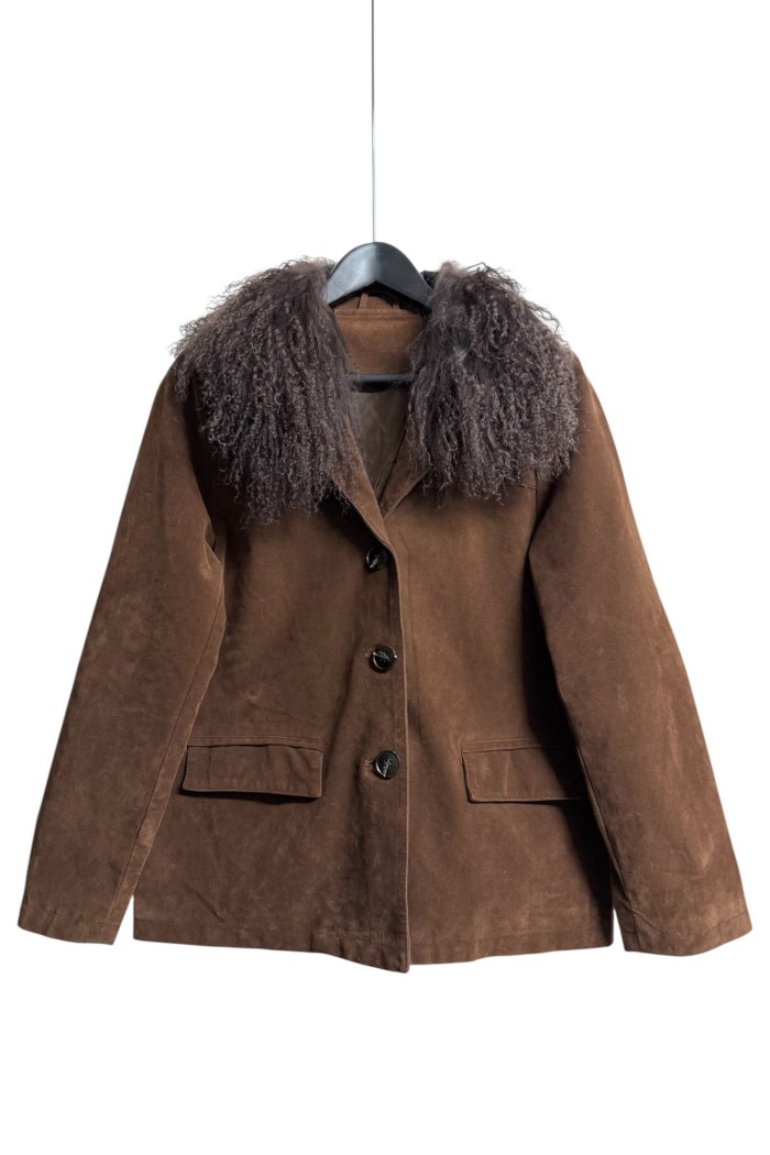 CHAQUETA ANTELINA MARRON CON CUELLO PELO DE CORDERO TYPC-9209-1