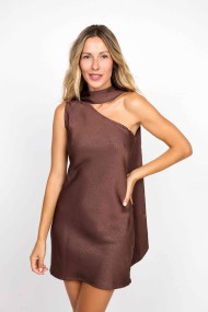 VESTIDO ASIMÉTRICO CON CUELLO DRAPEADO MARRON FBZMA1529
