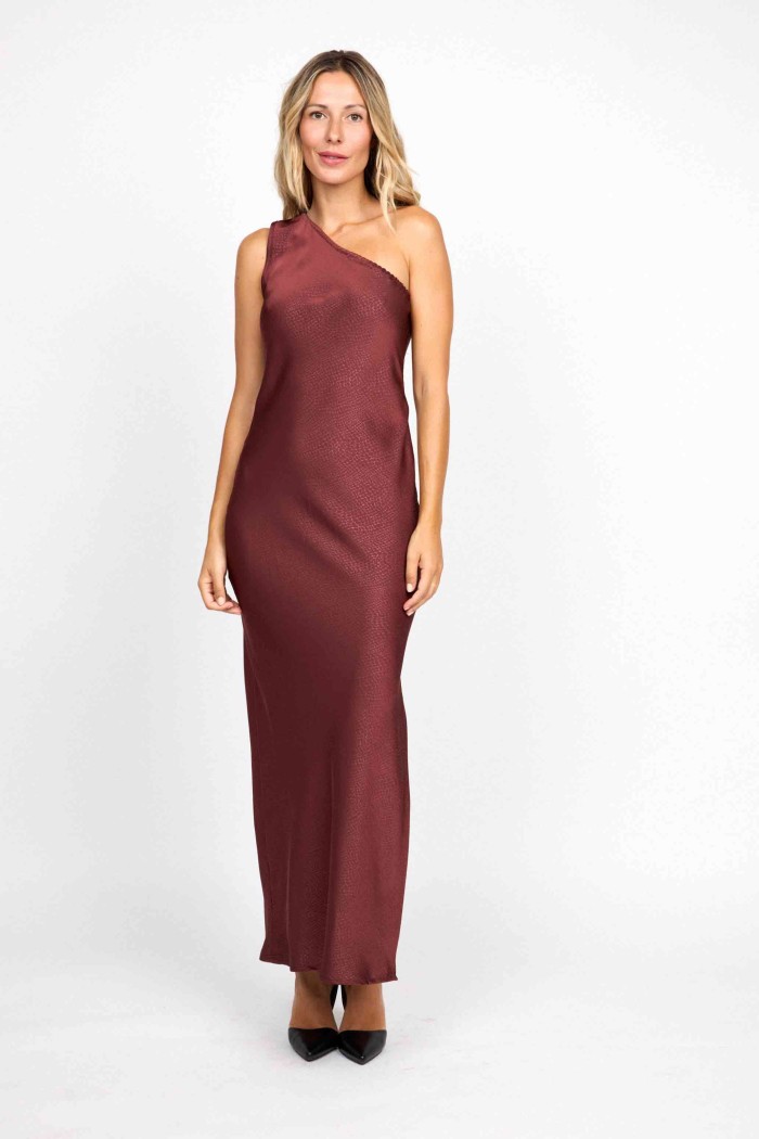 VESTIDO LARGO ASIMÉTRICO CON CUELLO DRAPEADO FBZMA1608