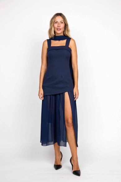 CONJUNTO ASIMÉTRICO CON FALDA DE GASA AZUL MARINO FBZMR22405