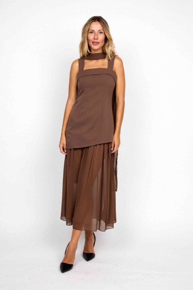 CONJUNTO ASIMÉTRICO CON FALDA DE GASA MARRON FBZMR22404