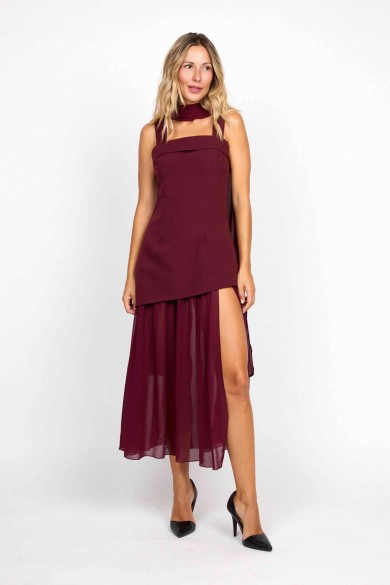 CONJUNTO ASIMÉTRICO CON FALDA DE GASA GRANATE FBZMR22406