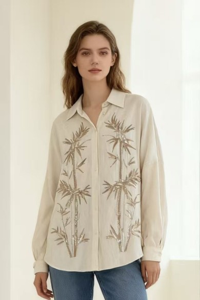 CAMISA CREMA BAMBÚ BORDADO 100% VISCOSA DD-S60004