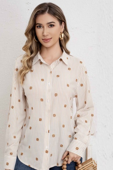 CAMISA RAYAS BEIGE CON BORDADO DD-1D1878