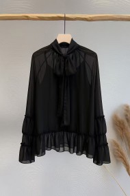 BLUSA DE GASA CON LAZO AL CUELLO NEGRO FBZMR22395