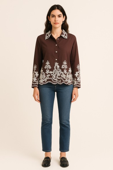 CAMISA MARRÓN CON BORDADO BLANCO ESTILO BOHEMIO TY-1062