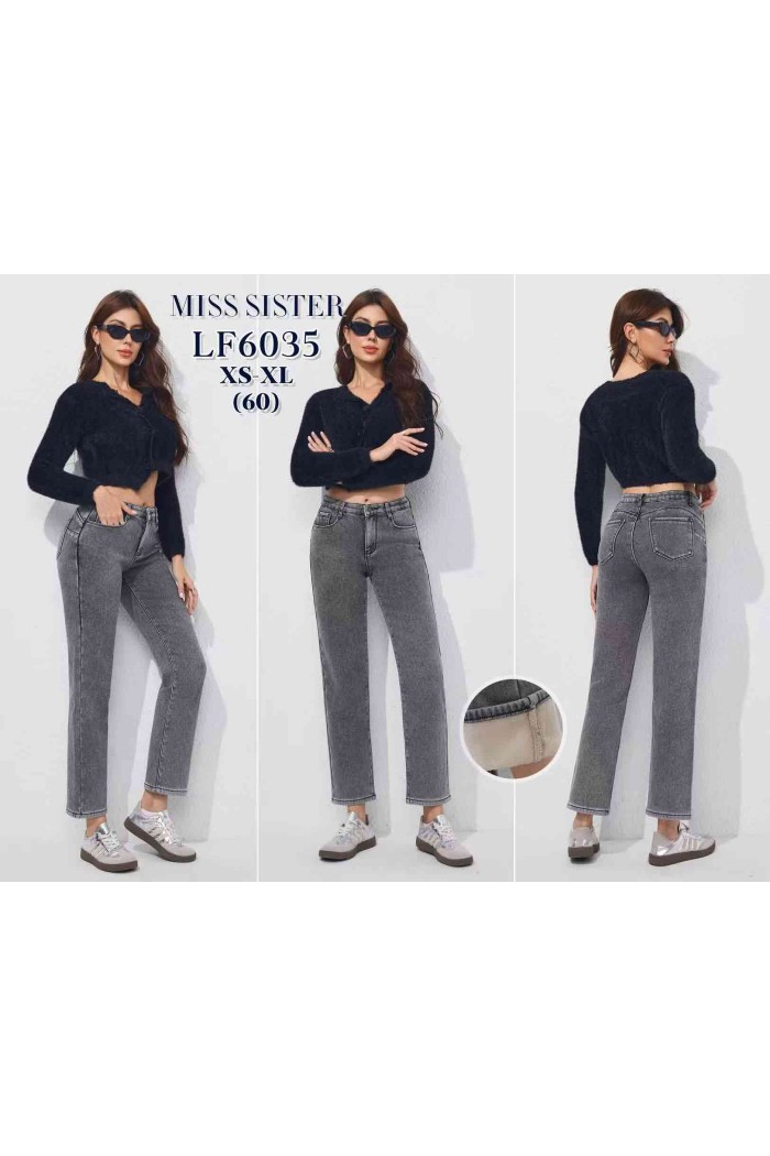 GREY STRAIGHT LEG FLEECE-LINED JEANS MID WASH FBLF6035