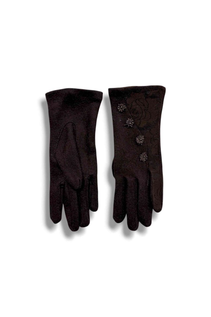 GUANTES DE TELA CON DETALLES FLORALES Y BOTONES DECORATIVOS VARIOS COLORES