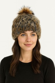 GORRO PELO DE CONEJO CON POMPON TEJIDO A MANO POMPÓN DE PELO DE MARMOTA PC-WPH5922-17