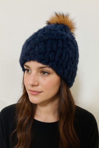 GORRO PELO DE CONEJO CON POMPON TEJIDO A MANO POMPÓN DE PELO DE MARMOTA PC-WPH5922-11