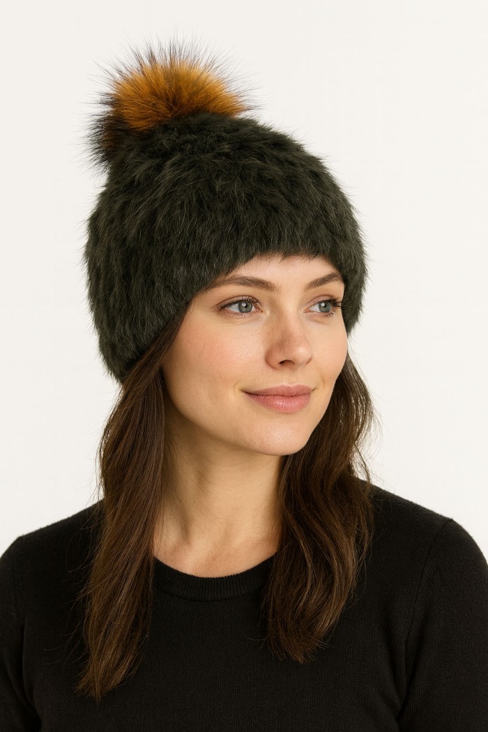 GORRO PELO DE CONEJO CON POMPON TEJIDO A MANO POMPÓN DE PELO DE MARMOTA  PC-WPH5922-01