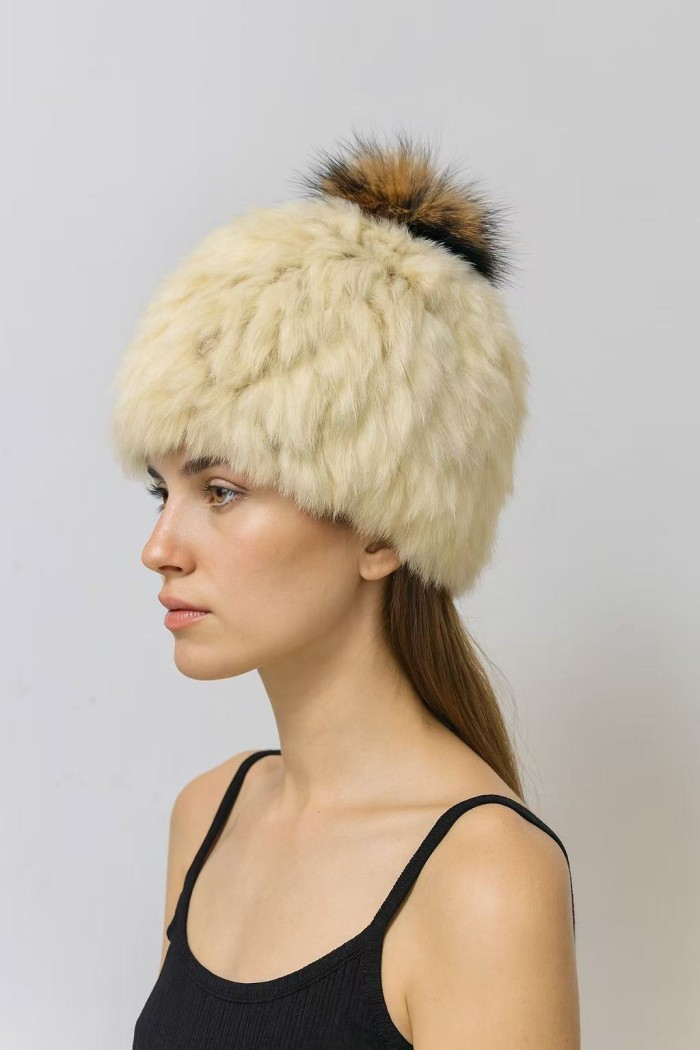 GORRO PELO DE CONEJO CON POMPON TEJIDO A MANO POMPÓN DE PELO DE MARMOTA  PC-WPH5922-07