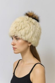 GORRO PELO DE CONEJO CON POMPON TEJIDO A MANO POMPÓN DE PELO DE MARMOTA  PC-WPH5922-07