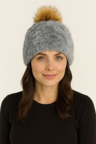GORRO PELO DE CONEJO CON POMPON TEJIDO A MANO POMPÓN DE PELO DE MARMOTA PC-WPH5922-05