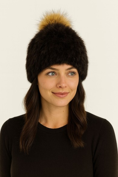 GORRO PELO DE CONEJO CON POMPON TEJIDO A MANO POMPÓN DE PELO DE MARMOTA  PC-WPH5922-MARRON