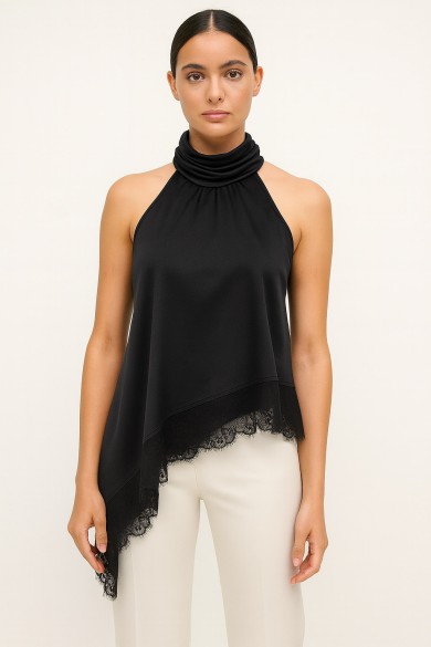 TOP HALTER SATINADO CON CUELLO DRAPEADO Y ENCAJE FBZMR22476 VARIOS COLORES