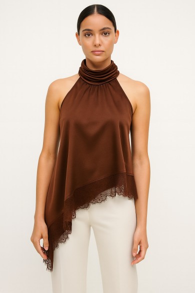 TOP HALTER SATINADO CON CUELLO DRAPEADO Y ENCAJE FBZMR22477 VARIOS COLORES