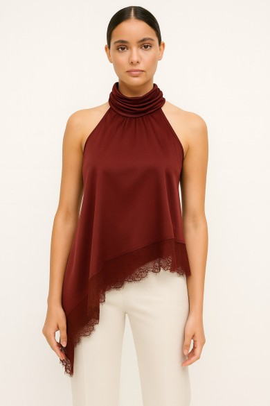 TOP HALTER SATINADO CON CUELLO DRAPEADO Y ENCAJE FBZMR22478 VARIOS COLORES