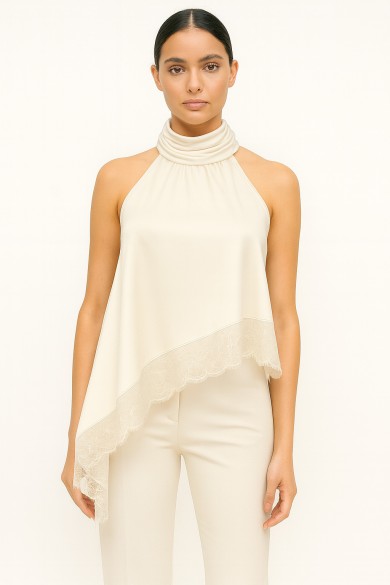 TOP HALTER SATINADO CON CUELLO DRAPEADO Y ENCAJE FBZMR22479 VARIOS COLORES