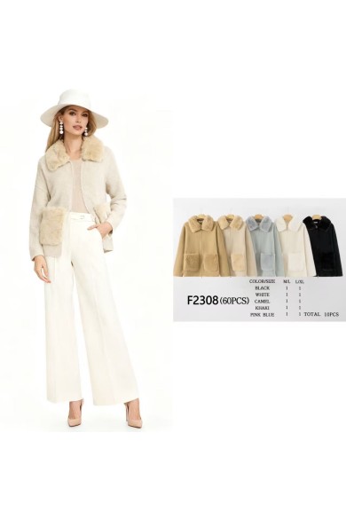 CHAQUETA DE PUNTO CON CUELLO Y BOLSILLOS DE PELO VARIOS COLORES