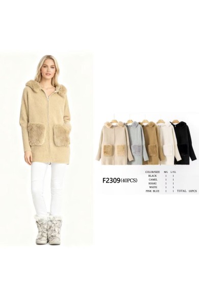 ABRIGO DE PUNTO CON CAPUCHA Y BOLSILLOS DE PELO VARIOS COLORES-F2309