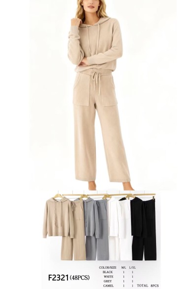CONJUNTO DE PUNTO CON CAPUCHA Y PANTALÓN ANCHO VARIOS COLORES DBT-F2321