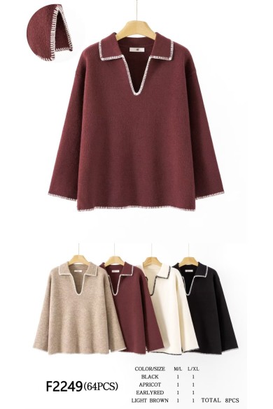 JERSEY DE PUNTO CON CUELLO EN V Y RIBETE EN CONTRASTE DBT-F2249