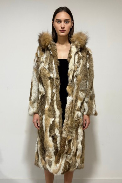 ABRIGO LARGO DE PELO DE CONEJO CON CAPUCHA Y BORDE DE PELO DE MARMOTA  PC-LLL5931-17