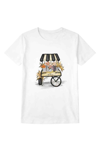 CAMISETA ILUSTRADA CARRO DE FLORES ESTILO FRANCÉS CUELLO REDONDO TY-K1778