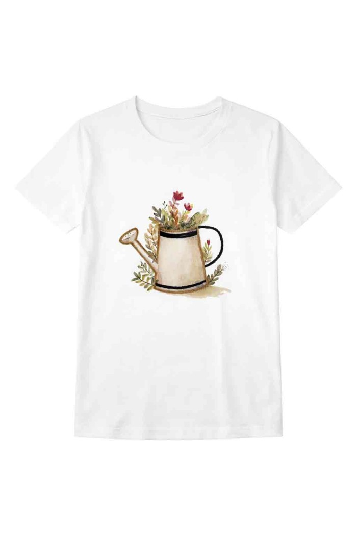 CAMISETA BLANCA ESTAMPADA REGADERA FLORAL ACUARELA ILUSTRACIÓN PRIMAVERA TY-K1716