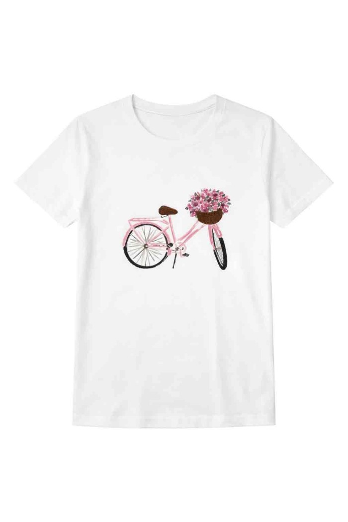 CAMISETA BLANCA ESTAMPADO BICICLETA ROSA CON FLORES PRIMAVERA CASUAL TY-K1762