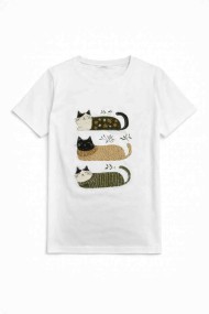 CAMISETA BLANCA ESTAMPADA GATOS BORDADOS ESTILO ILUSTRACIÓN TY-K1773