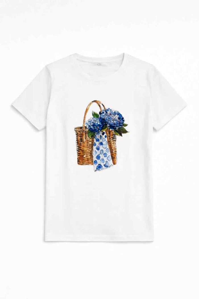 CAMISETA BLANCA ESTAMPADO CESTA FLORES AZULES TY-K1766
