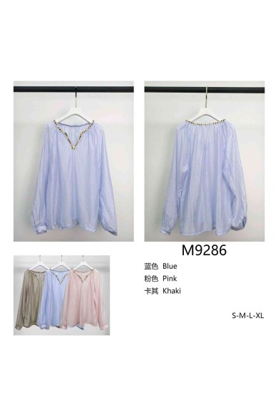 BLUSA ESCOTE V CON APLICACIONES DECORATIVAS MANGA LARGA VARIOS COLORES TY-M9286