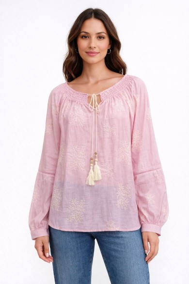 BLUSA BOHO HOMBROS ELÁSTICOS BORDADA CON LAZOS TY-M9251
