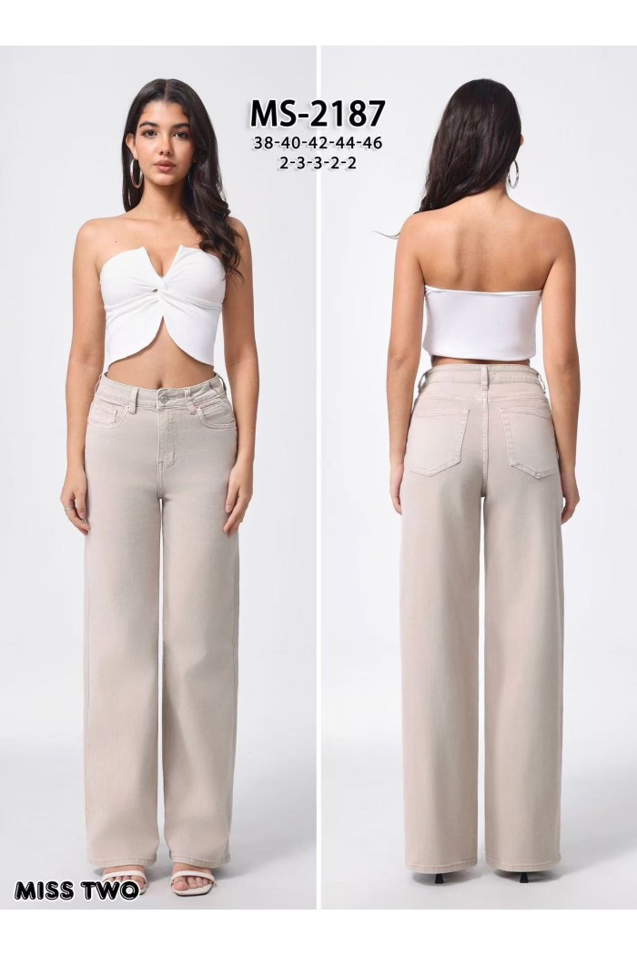 PANTALÓN VAQUERO PATA ANCHA TIRO ALTO MUJER BEIGE FBZMS2183