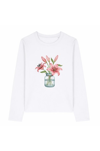 CAMISETA BLANCA MANGA LARGA ESTAMPADO FLOR DE LIRIO EN FLORERO PRIMAVERA MUJER TY-K1783