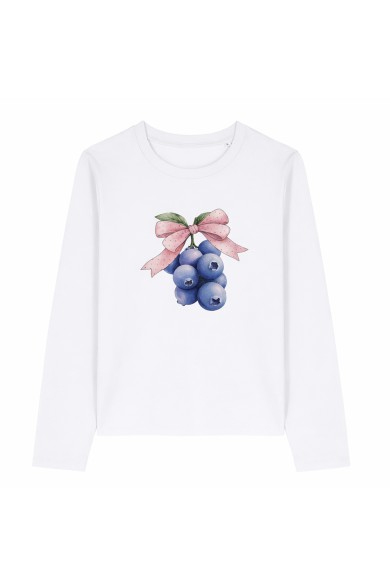 CAMISETA BLANCA MANGA LARGA ESTAMPADO ARÁNDANOS CON LAZO ROSA MUJER TY-K1786