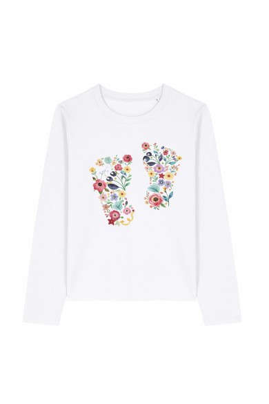 CAMISETA BLANCA MANGA LARGA ESTAMPADO HUELLAS FLORALES PRIMAVERA MUJER TY-K1785