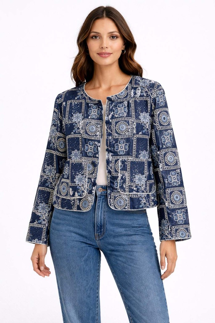 CHAQUETA CORTA MUJER ESTAMPADO AZUL ESTILO ÉTNICO CON BOLSILLOS TY-M9257