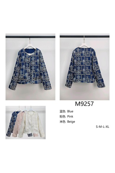 CHAQUETA CORTA MUJER ESTAMPADO AZUL ESTILO ÉTNICO CON BOLSILLOS TY-M9257