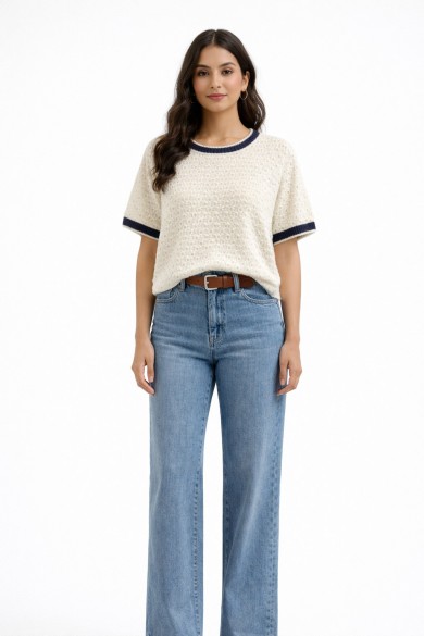 JERSEY MUJER CALADA COLOR BEIGE MANGA CORTA CON CUELLO CONTRASTE FBZMT9621